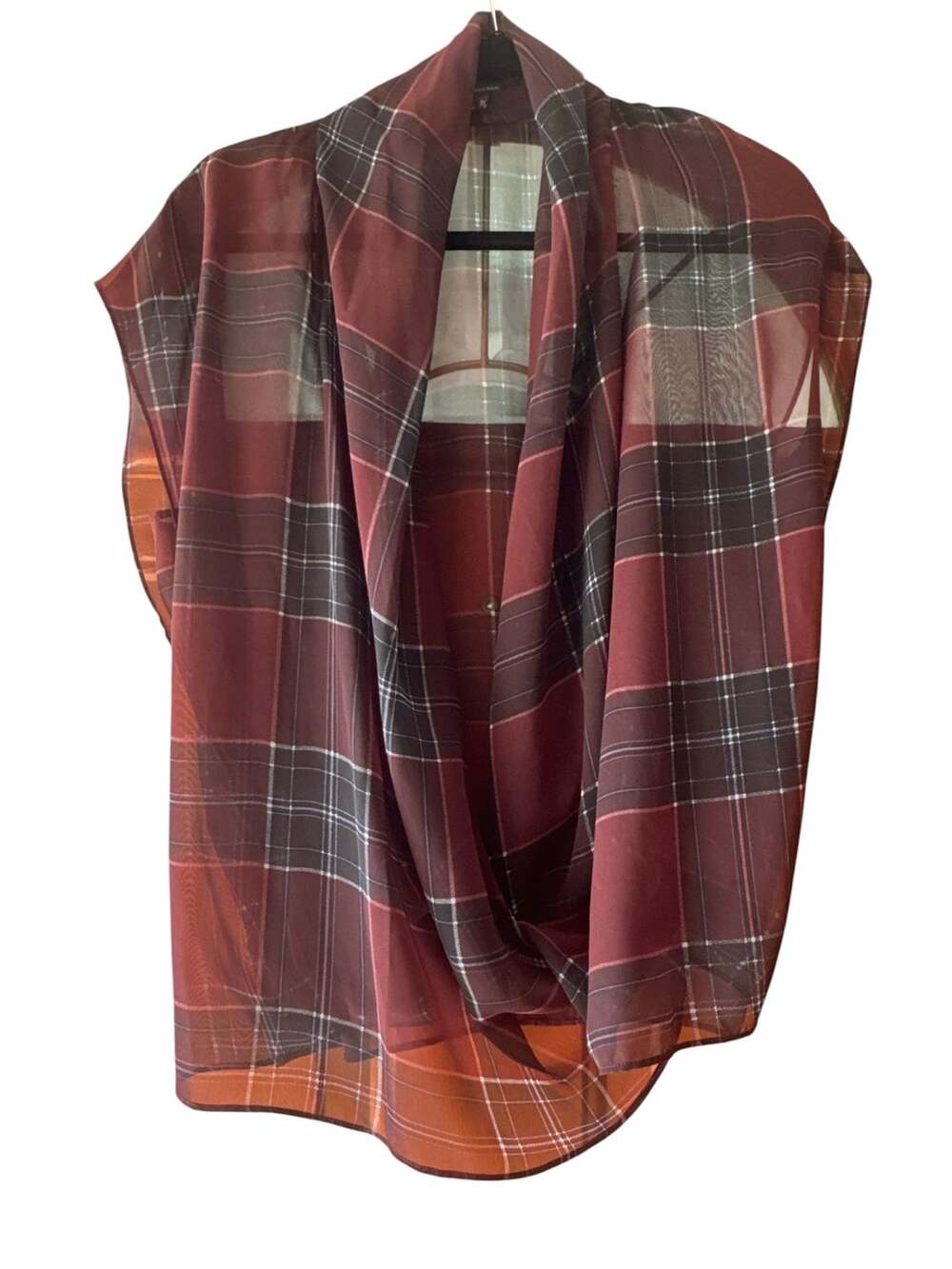 Jeans By Buffalo Plaid Cowl Neck Top Size M Red Black Sheer Sleeveless